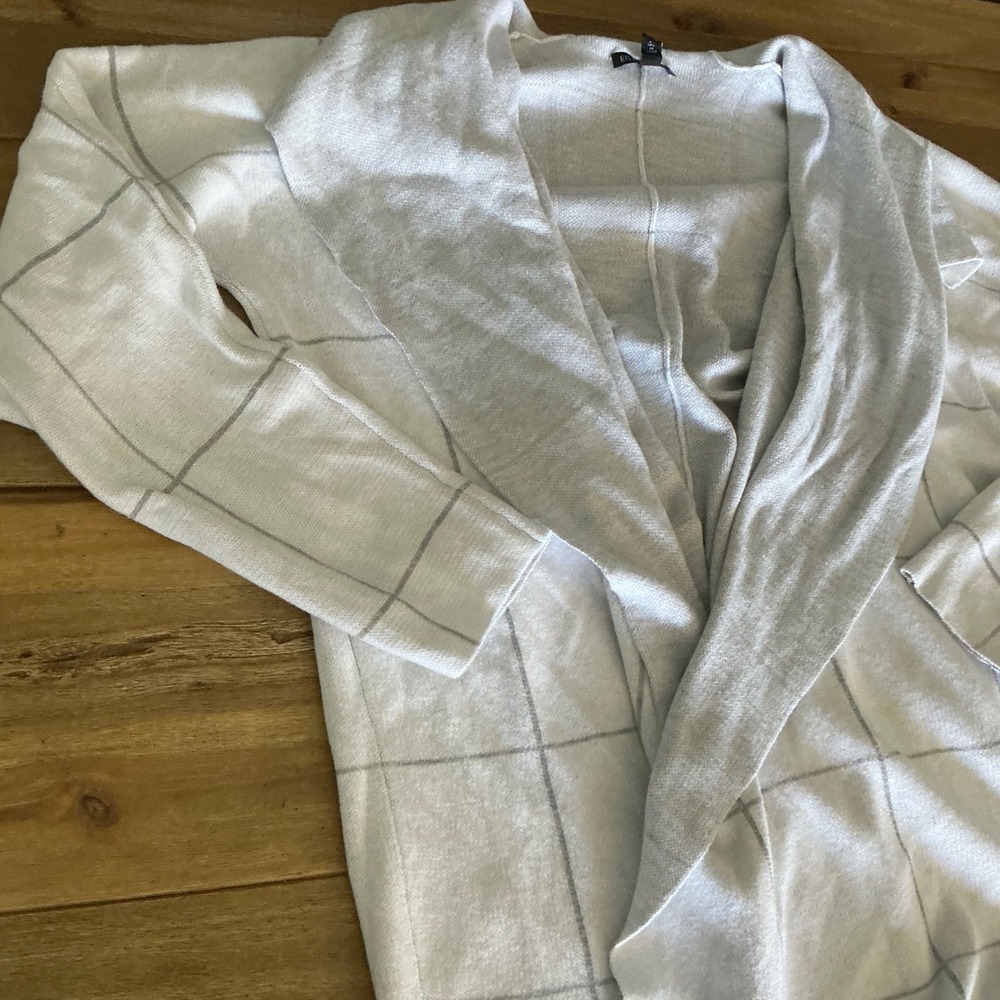 EILEEN FISHER Lightweight Open Front Cardigan Sweater Checkered Neutral‎ M M
